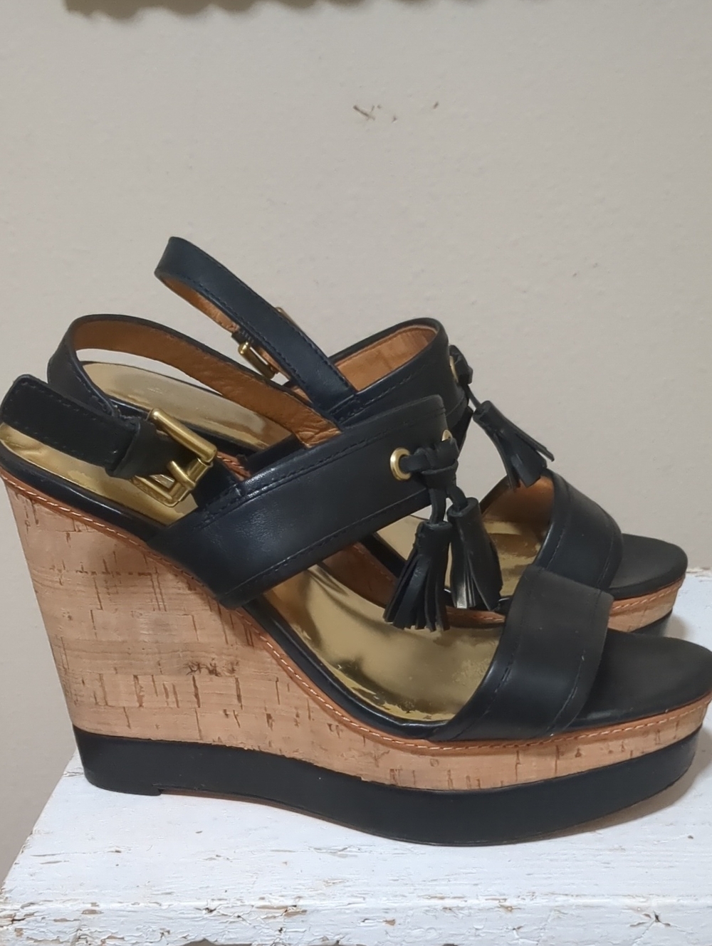 Coach Giulietta Leather Wedge Sandals Black & Brown US 8